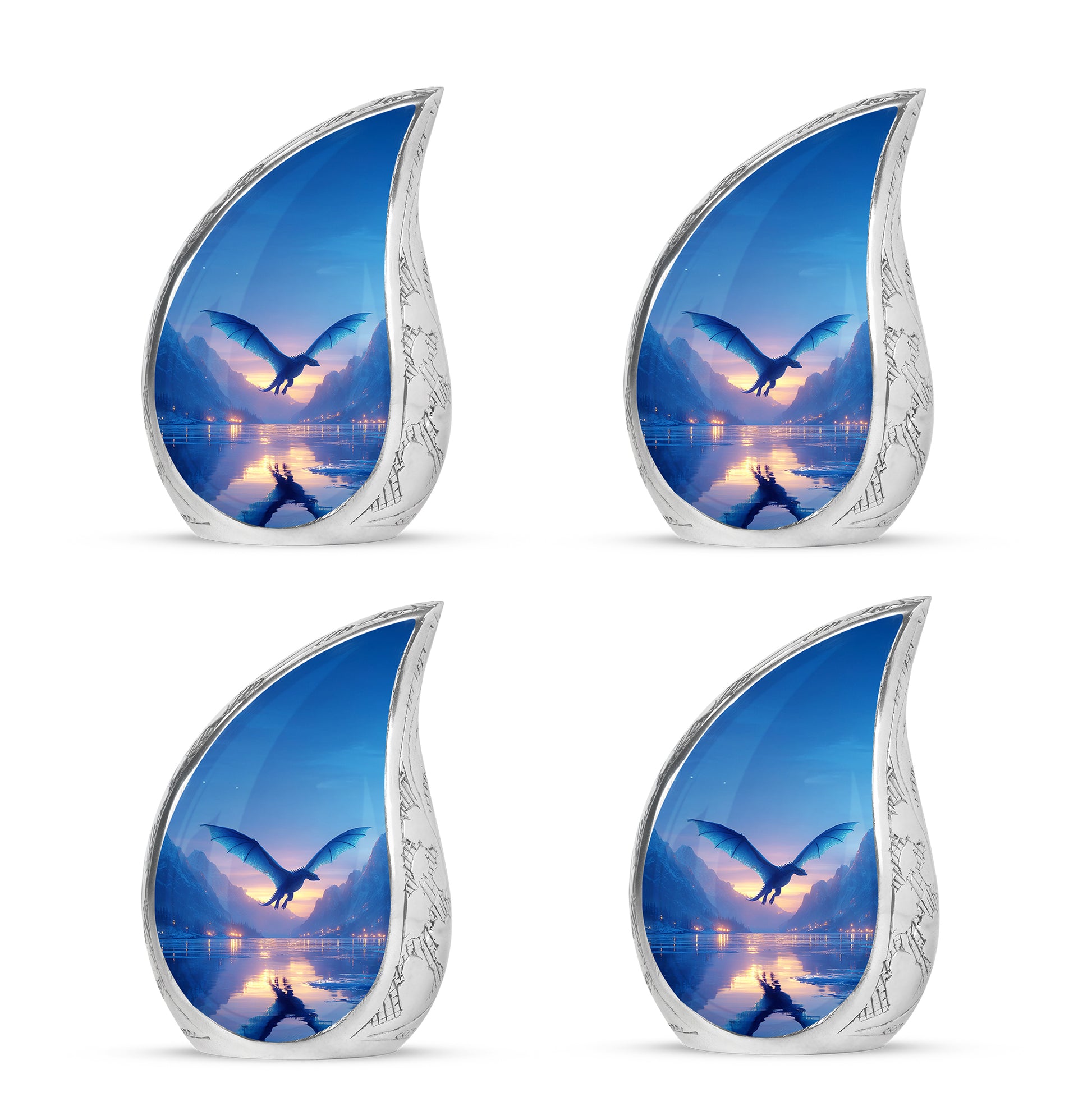 Serene Blue Dragon Cremation Urn close-up of engraving and surface detail - graceful tear-shaped urn with dragon motif - 10 inch aluminum urn for cremated remains