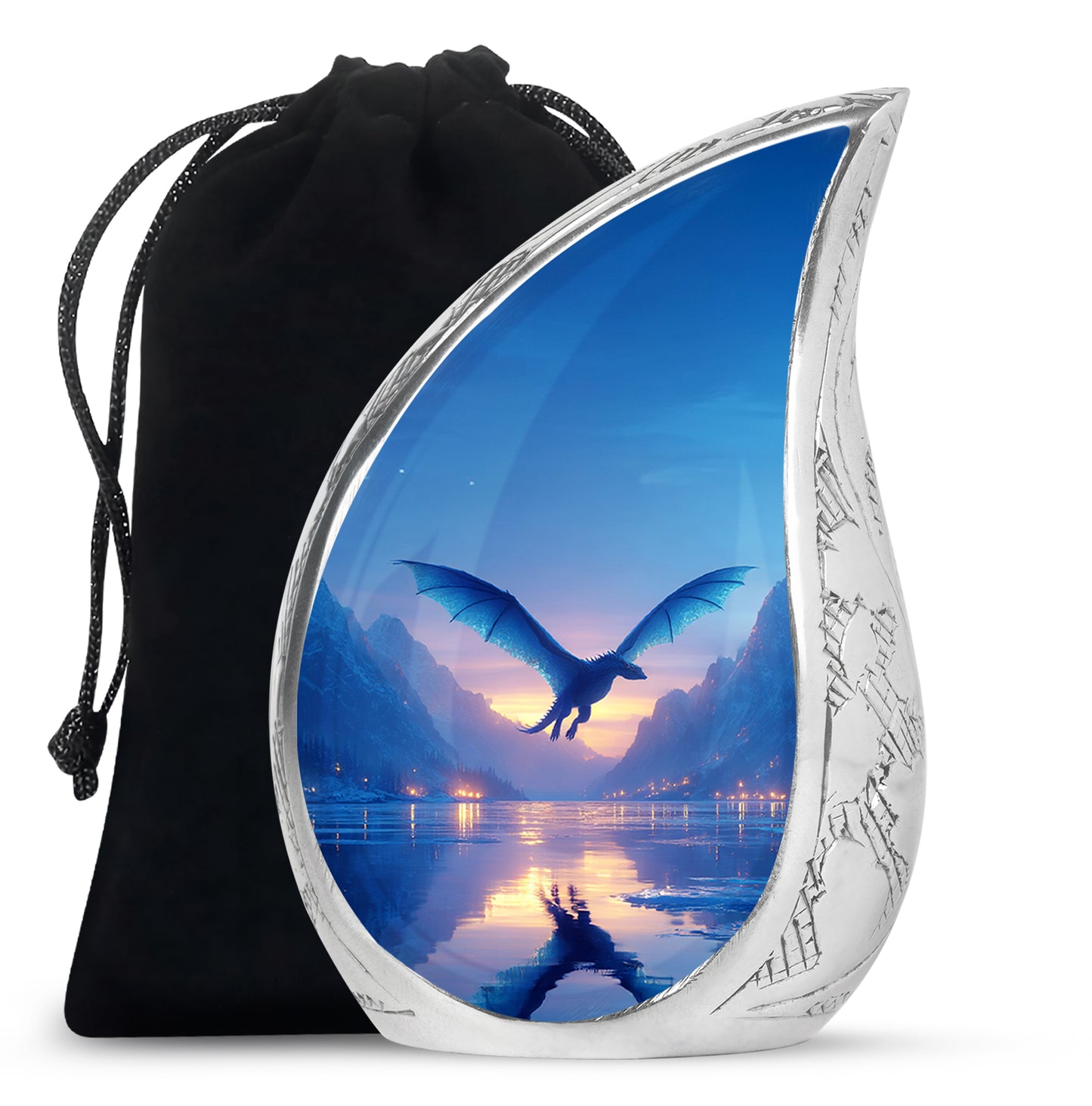 Bright Blue Dragon Cremation Urn front view showing detailed design - smooth teardrop contour featuring dragon art - full-size 10 inch 200 cubic inch adult cremation urn