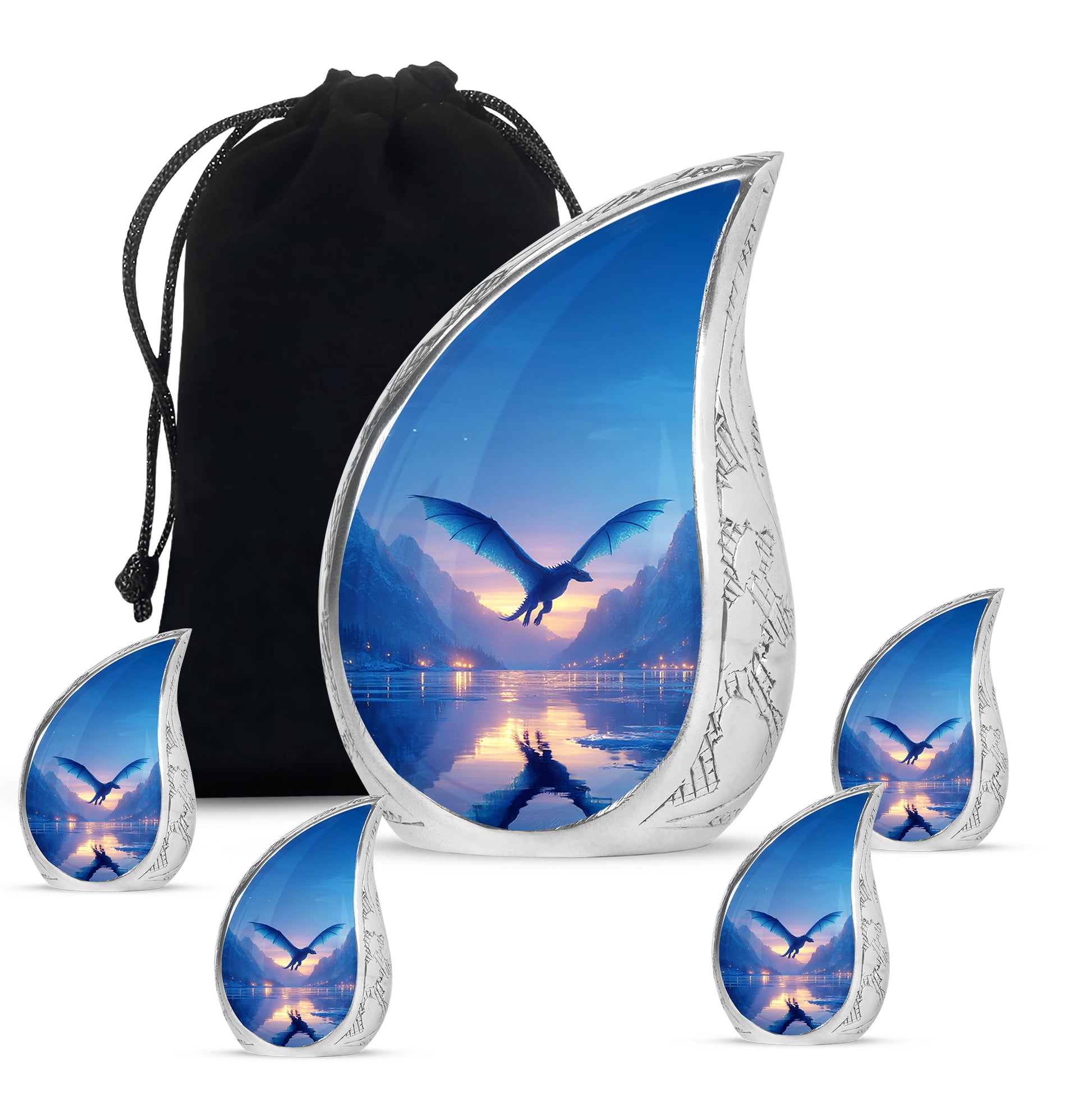 Sapphire Blue Dragon Cremation Urn side profile showing urn shape - smooth teardrop contour featuring dragon art - memorial set with one large and four small urns