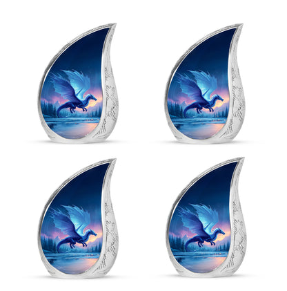 Slate Blue Dragon Cremation Urn close-up of engraving and surface detail - rounded teardrop dragon design with delicate detail - 10 inch aluminum urn for cremated remains