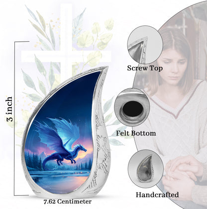 Icy Blue Dragon Cremation Urn angled view of lid and engraved motif - rounded teardrop dragon design with delicate detail - mini keepsake memorial for portion of cremation ashes