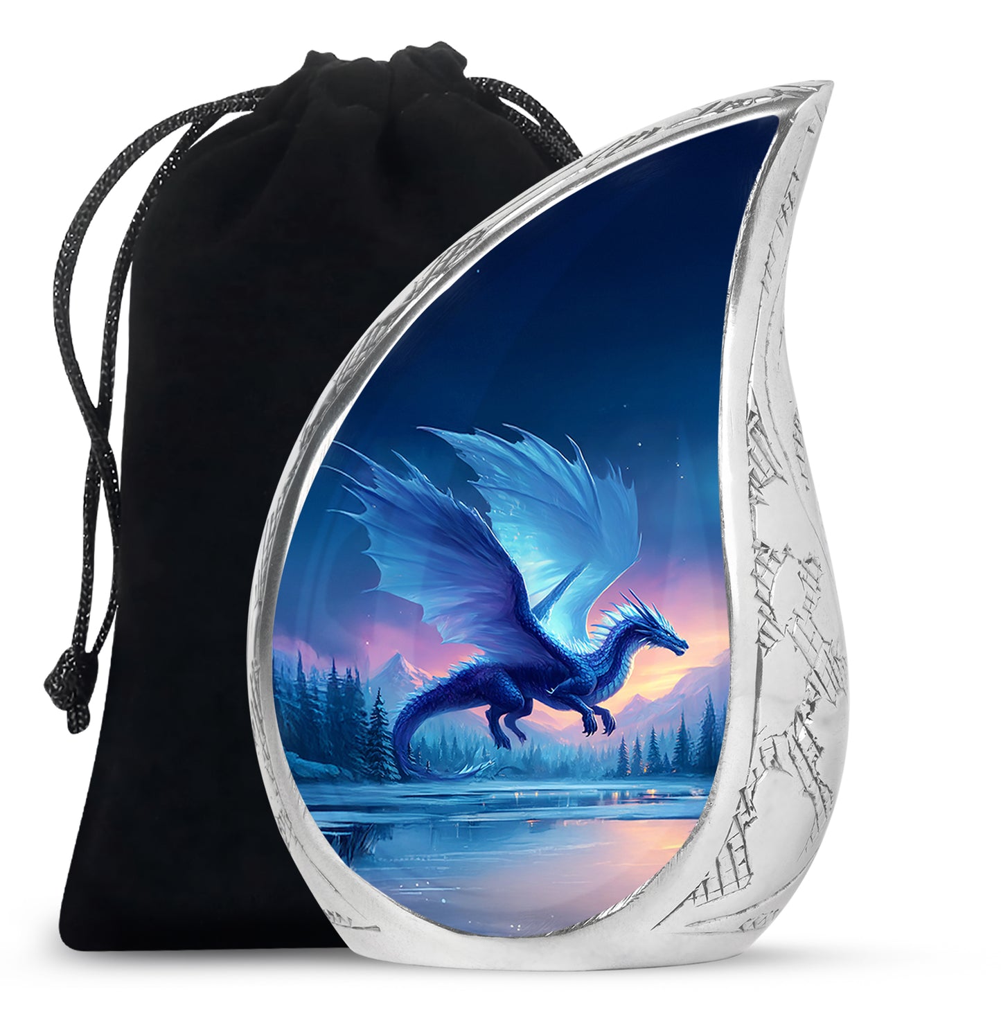 Powder Blue Dragon Cremation Urn front view showing detailed design - rounded teardrop dragon design with delicate detail - full-size 10 inch 200 cubic inch adult cremation urn