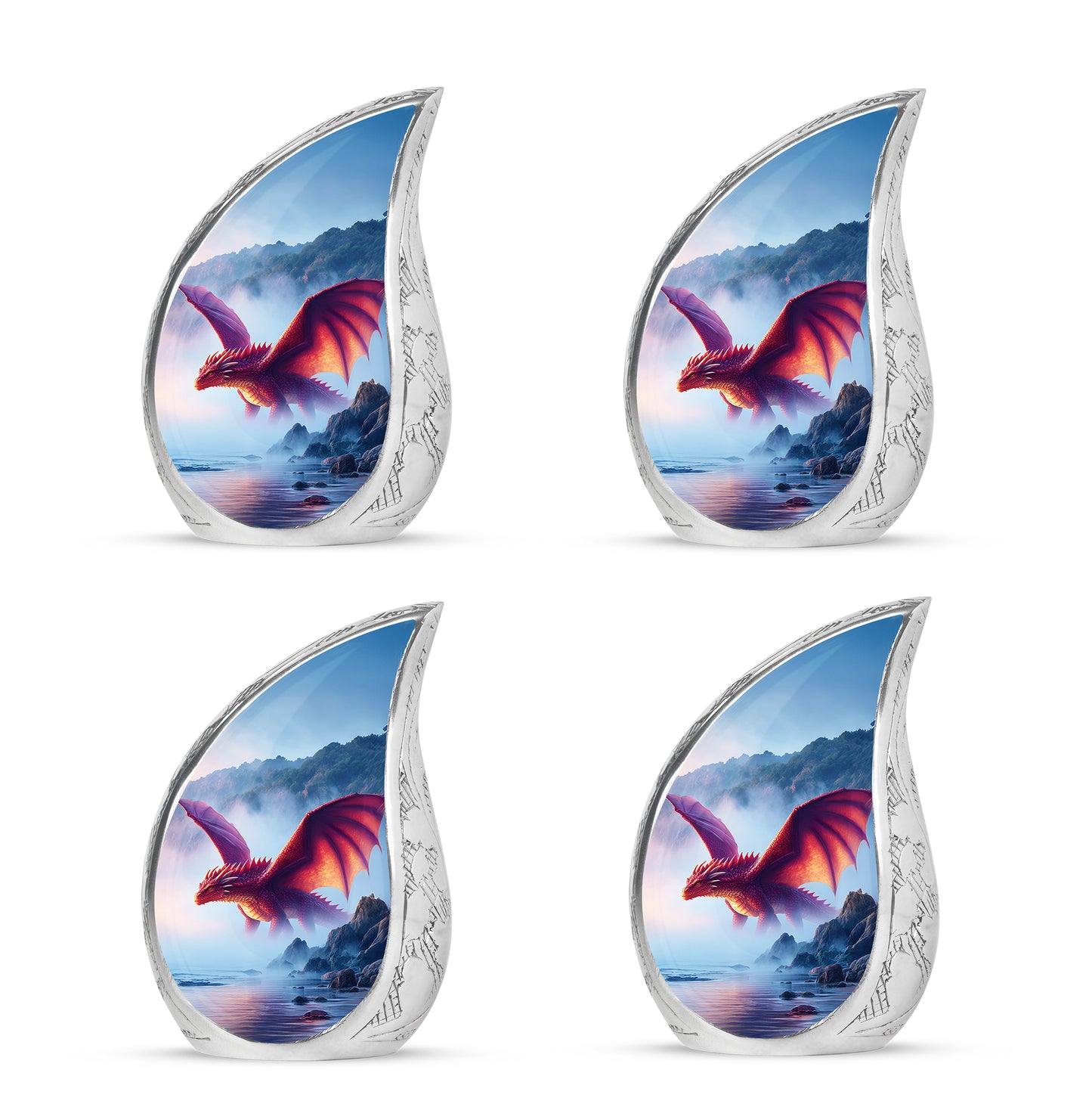 Sky Blue Dragon Cremation Urn close-up of engraving and surface detail - rounded teardrop dragon design with delicate detail - 10 inch aluminum urn for cremated remains