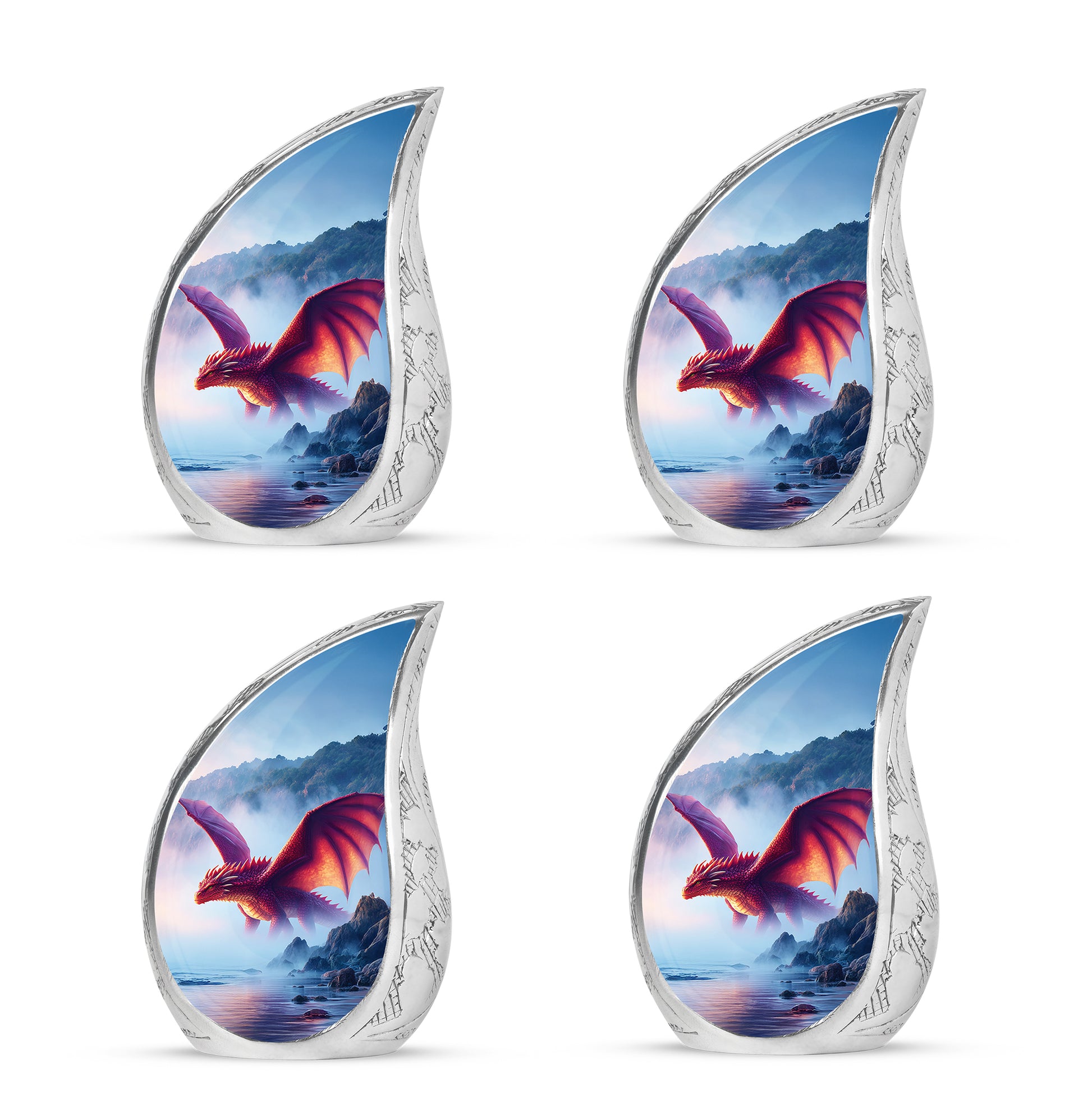Sky Blue Dragon Cremation Urn close-up of engraving and surface detail - rounded teardrop dragon design with delicate detail - 10 inch aluminum urn for cremated remains