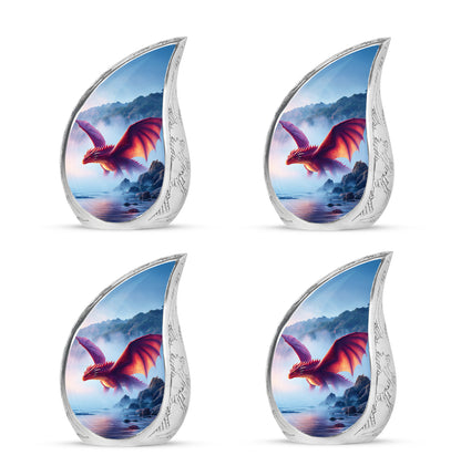 Sky Blue Dragon Cremation Urn close-up of engraving and surface detail - rounded teardrop dragon design with delicate detail - 10 inch aluminum urn for cremated remains