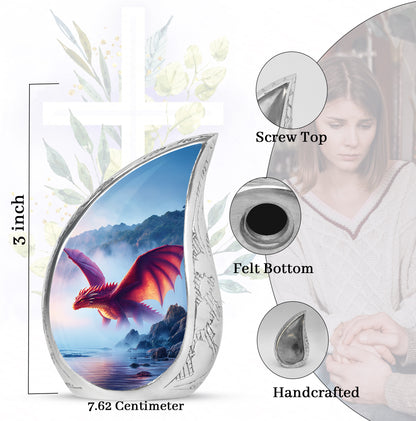 Azure Dragon Cremation Urn angled view of lid and engraved motif - rounded teardrop dragon design with delicate detail - mini keepsake memorial for portion of cremation ashes
