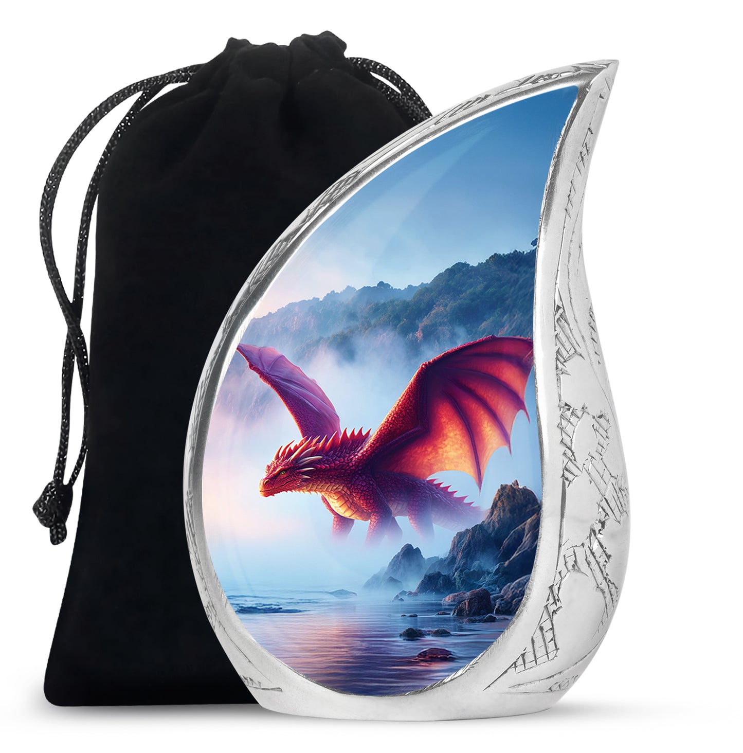 Slate Blue Dragon Cremation Urn front view showing detailed design - flowing teardrop dragon silhouette on curved aluminum - full-size 10 inch 200 cubic inch adult cremation urn