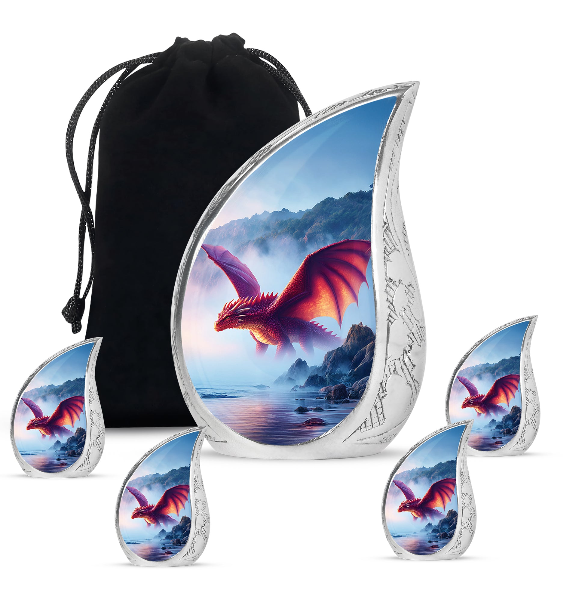 Navy Blue Dragon Cremation Urn side profile showing urn shape - rounded teardrop dragon design with delicate detail - memorial set with one large and four small urns
