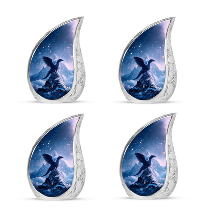 Pastel Blue Dragon Cremation Urn close-up of engraving and surface detail - flowing teardrop dragon silhouette on curved aluminum - 10 inch aluminum urn for cremated remains