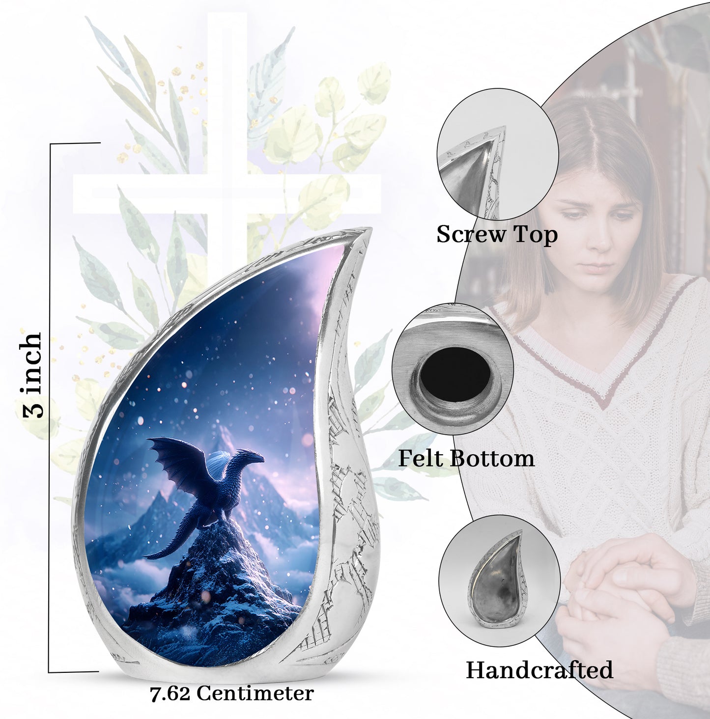 Royal Blue Dragon Cremation Urn angled view of lid and engraved motif - smooth teardrop contour featuring dragon art - mini keepsake memorial for portion of cremation ashes