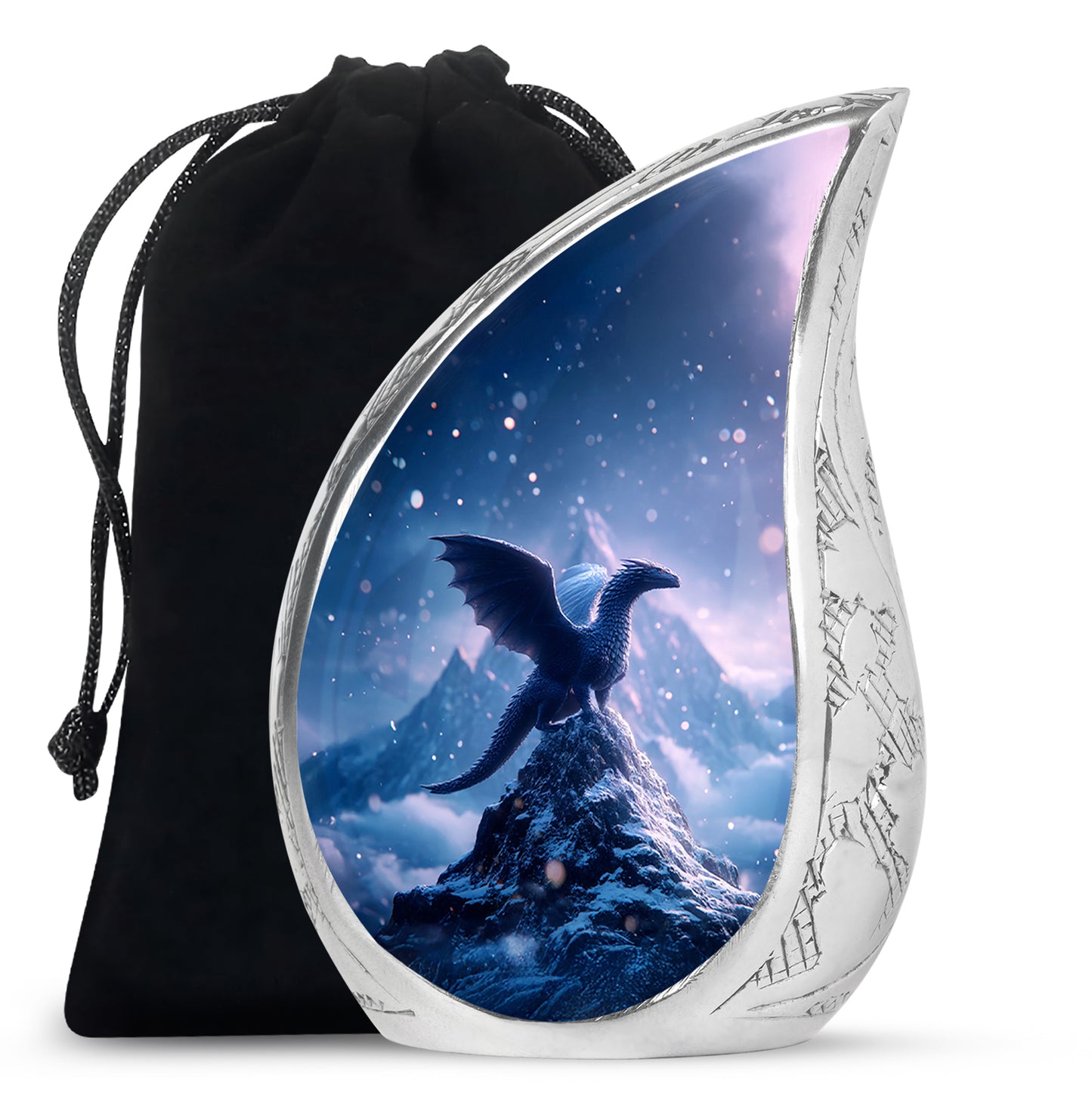 Sky Blue Dragon Cremation Urn front view showing detailed design - flowing teardrop dragon silhouette on curved aluminum - full-size 10 inch 200 cubic inch adult cremation urn