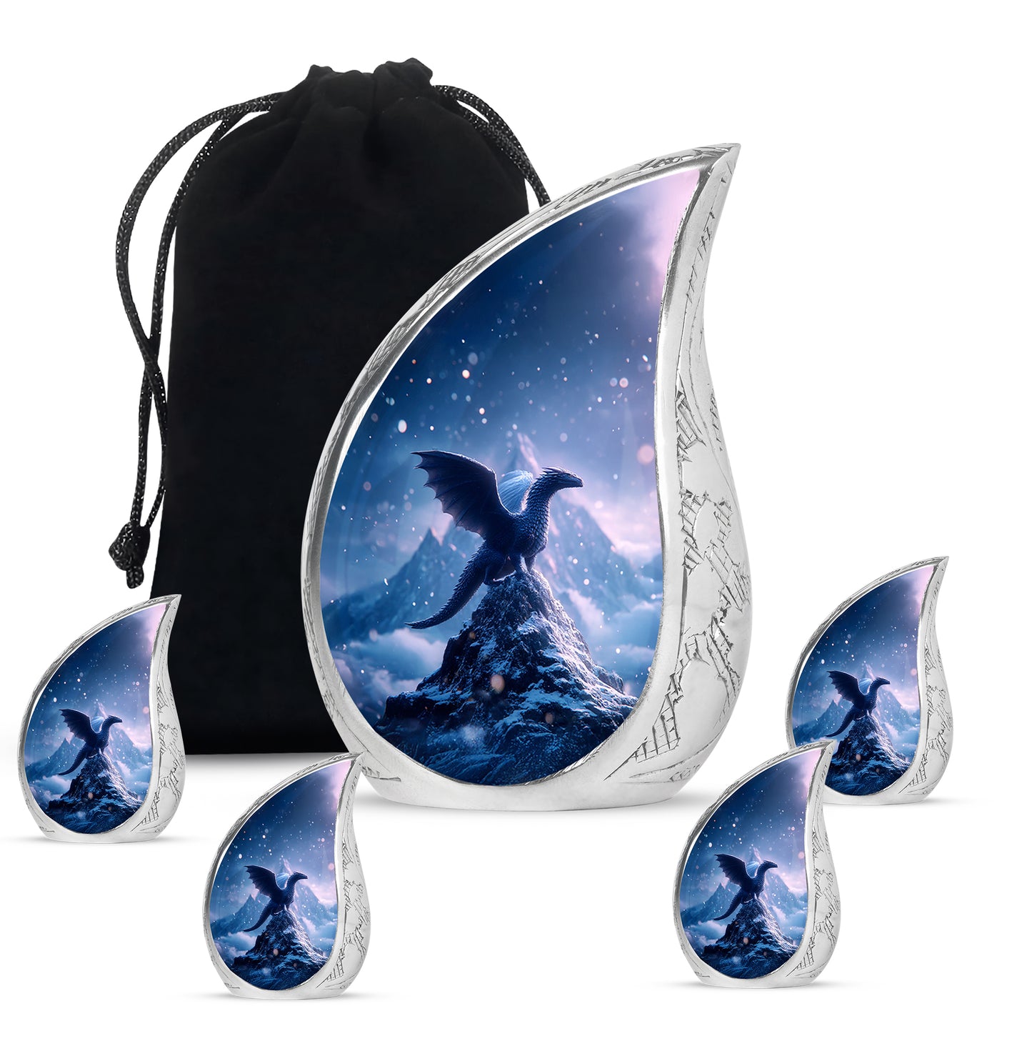 Misty Blue Dragon Cremation Urn side profile showing urn shape - flowing teardrop dragon silhouette on curved aluminum - memorial set with one large and four small urns