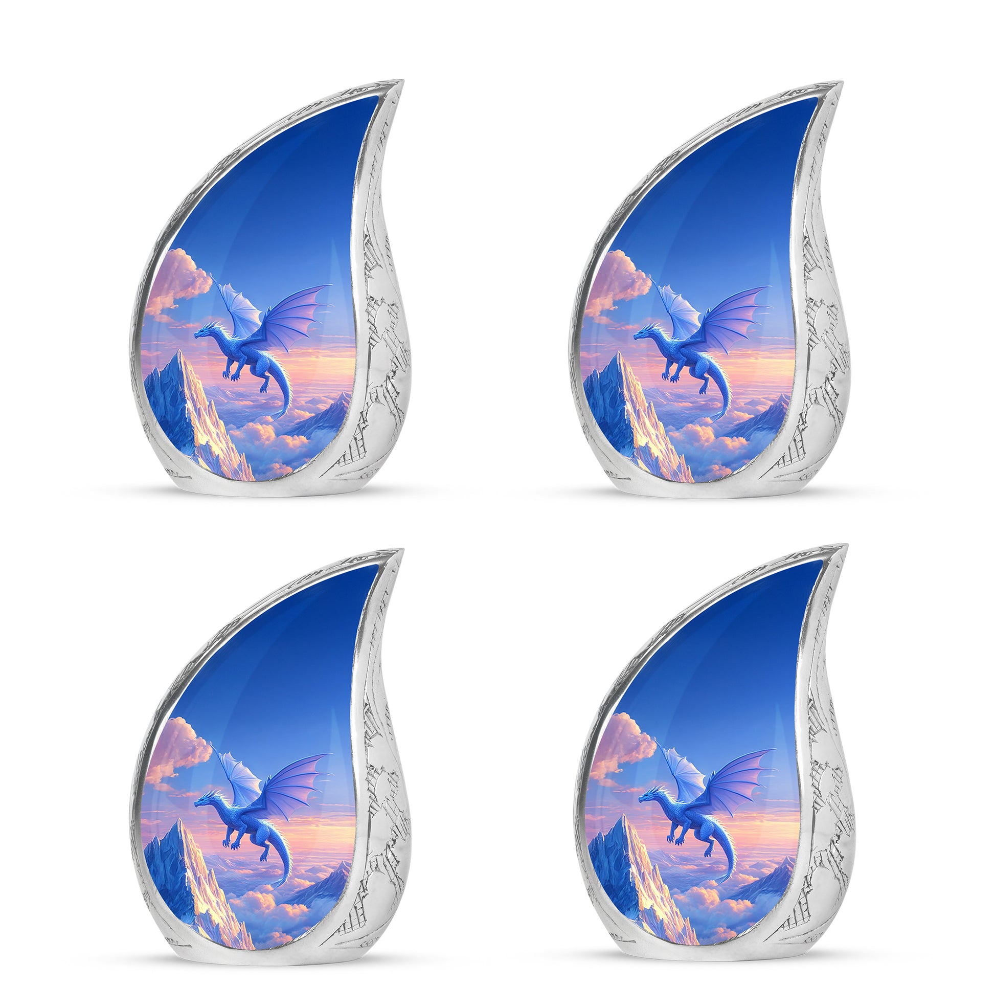 Misty Blue Dragon Cremation Urn close-up of engraving and surface detail - rounded teardrop dragon design with delicate detail - 10 inch aluminum urn for cremated remains