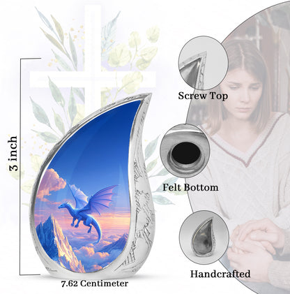 Steel Blue Dragon Cremation Urn angled view of lid and engraved motif - smooth teardrop contour featuring dragon art - mini keepsake memorial for portion of cremation ashes