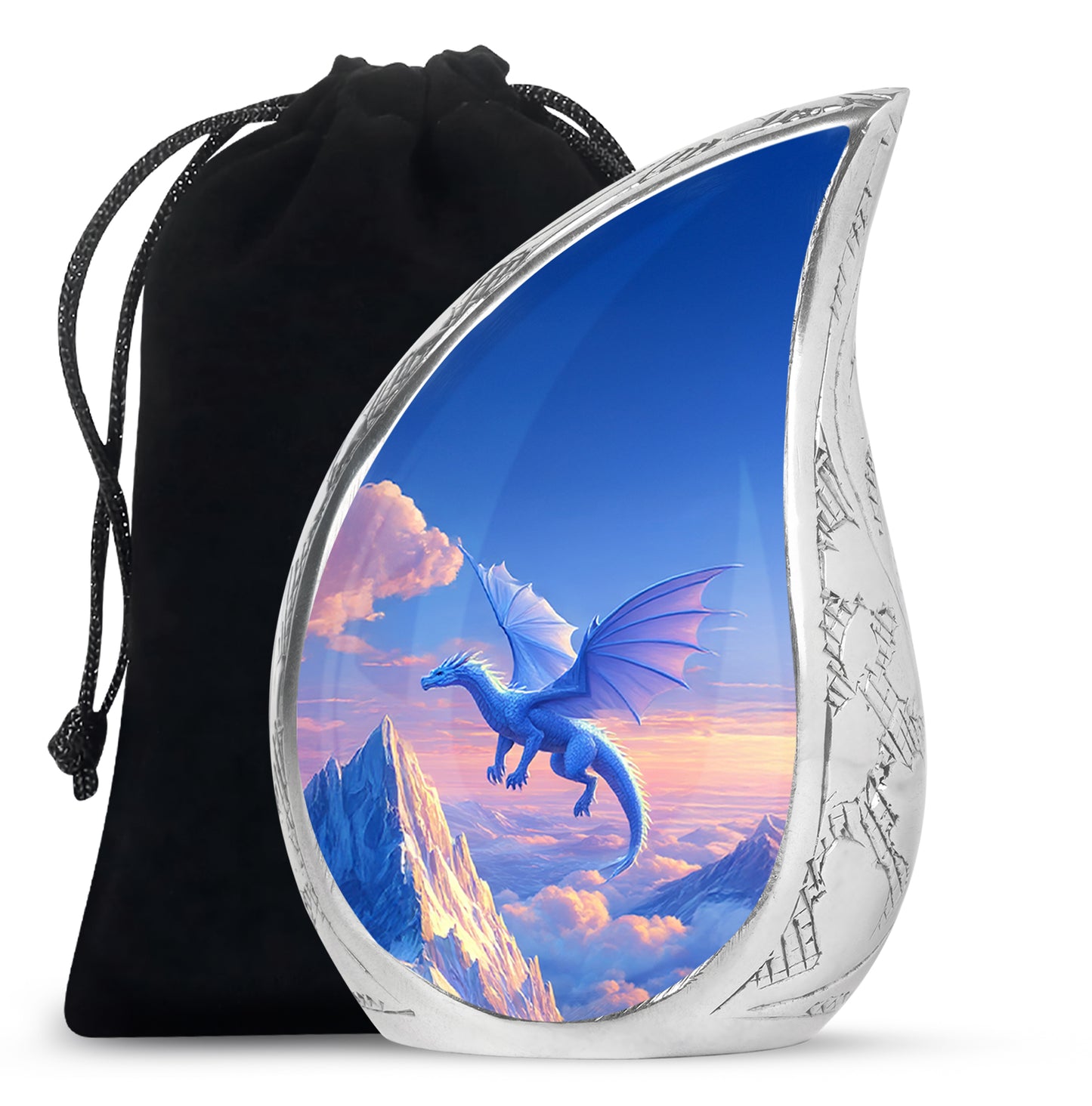 Indigo Dragon Cremation Urn front view showing detailed design - rounded teardrop dragon design with delicate detail - full-size 10 inch 200 cubic inch adult cremation urn