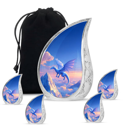 Sapphire Blue Dragon Cremation Urn side profile showing urn shape - smooth teardrop contour featuring dragon art - memorial set with one large and four small urns
