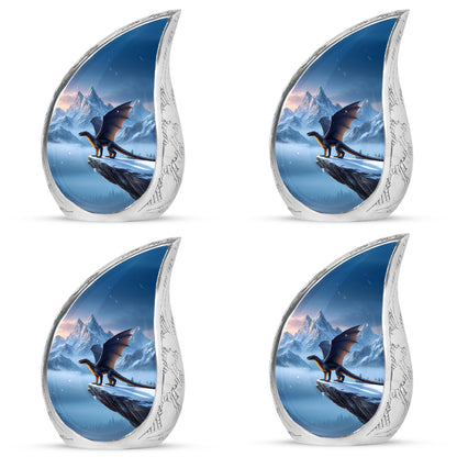 Icy Blue Dragon Cremation Urn close-up of engraving and surface detail - rounded teardrop dragon design with delicate detail - 10 inch aluminum urn for cremated remains