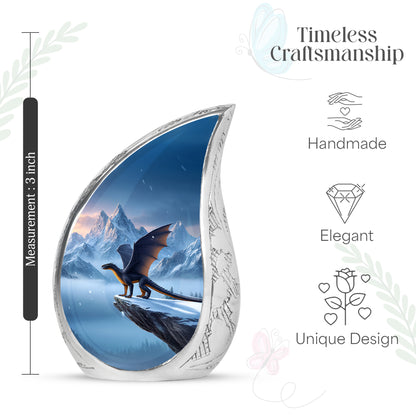 Cornflower Blue Dragon Cremation Urn angled view of lid and engraved motif - smooth teardrop contour featuring dragon art - mini keepsake memorial for portion of cremation ashes
