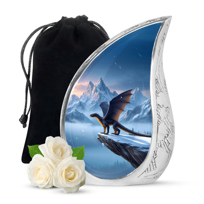 Cobalt Blue Dragon Cremation Urn front view showing detailed design - smooth teardrop contour featuring dragon art - full-size 10 inch 200 cubic inch adult cremation urn