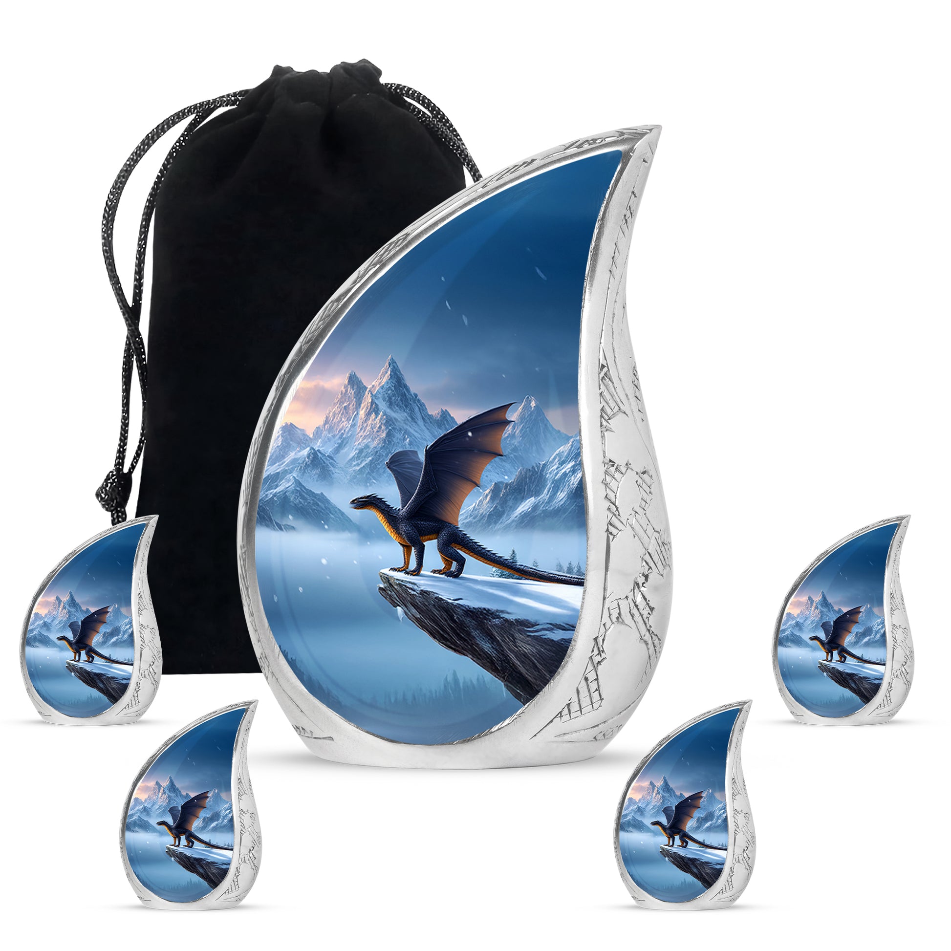 Cornflower Blue Dragon Cremation Urn side profile showing urn shape - graceful tear-shaped urn with dragon motif - memorial set with one large and four small urns