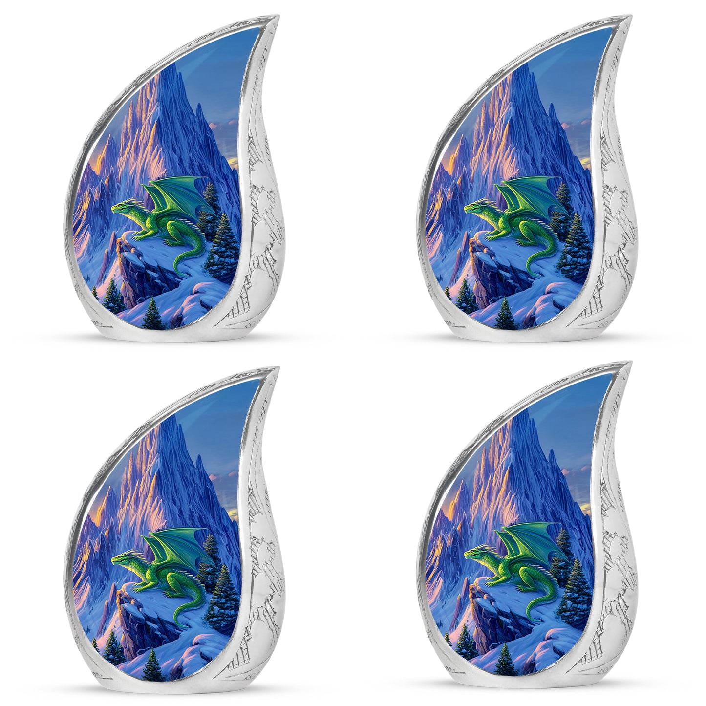 Celestial Blue Dragon Cremation Urn close-up of engraving and surface detail - rounded teardrop dragon design with delicate detail - 10 inch aluminum urn for cremated remains