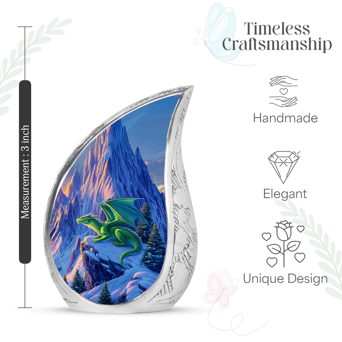 Steel Blue Dragon Cremation Urn angled view of lid and engraved motif - smooth teardrop contour featuring dragon art - mini keepsake memorial for portion of cremation ashes