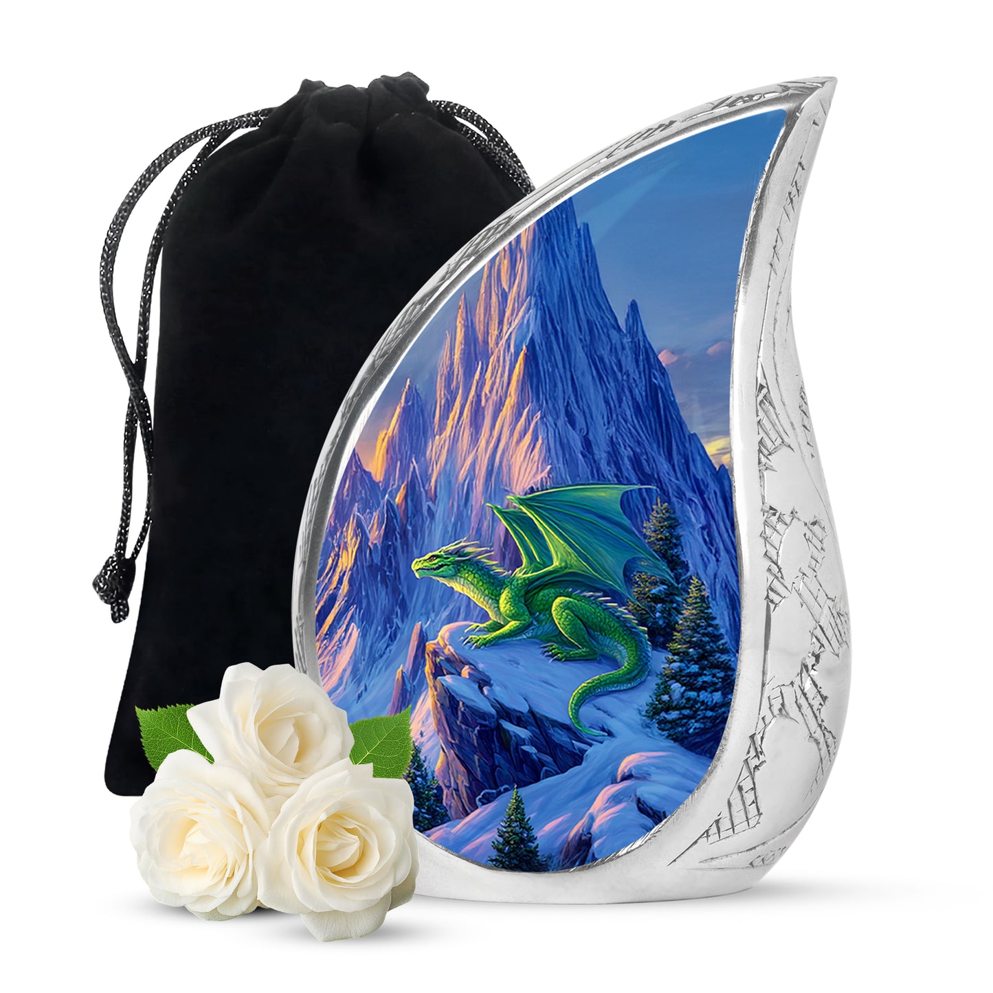 Serene Blue Dragon Cremation Urn front view showing detailed design - smooth teardrop contour featuring dragon art - full-size 10 inch 200 cubic inch adult cremation urn