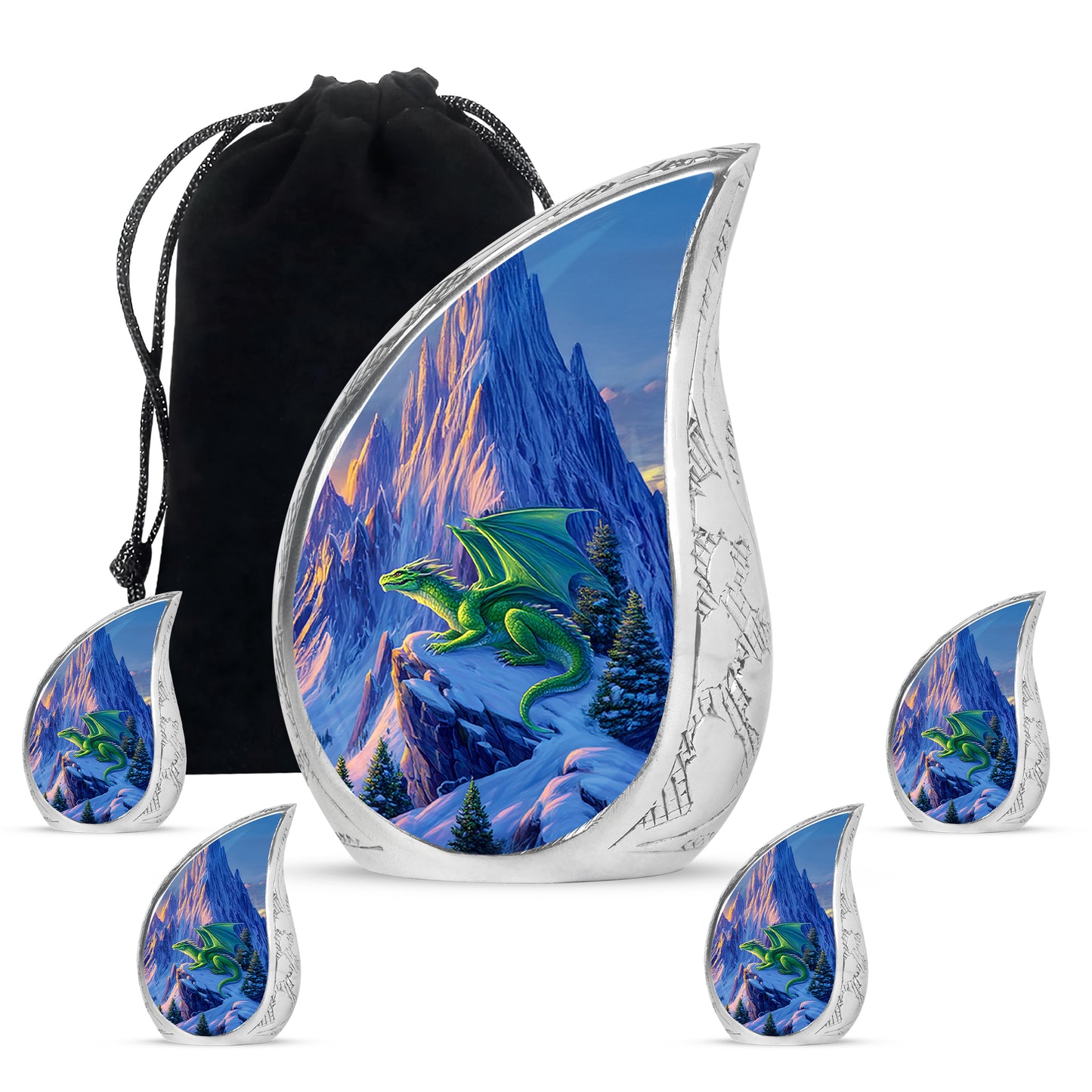 Serene Blue Dragon Cremation Urn side profile showing urn shape - graceful tear-shaped urn with dragon motif - memorial set with one large and four small urns