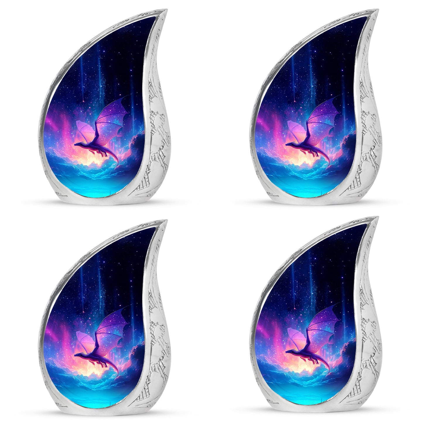 Azure Dragon Cremation Urn close-up of engraving and surface detail - flowing teardrop dragon silhouette on curved aluminum - 10 inch aluminum urn for cremated remains