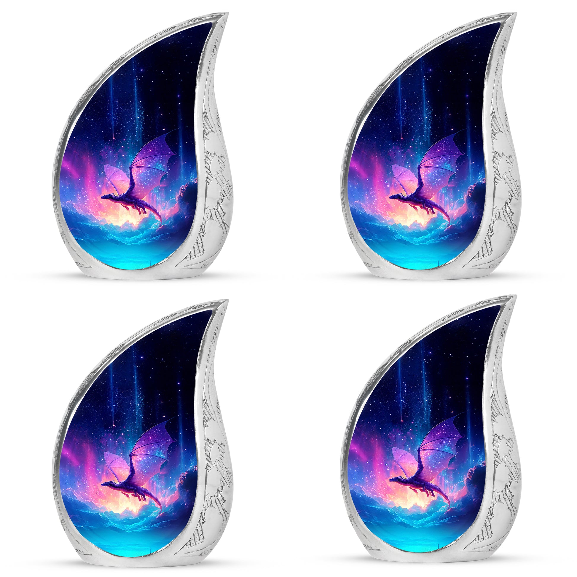Azure Dragon Cremation Urn close-up of engraving and surface detail - flowing teardrop dragon silhouette on curved aluminum - 10 inch aluminum urn for cremated remains