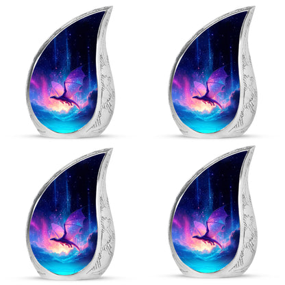 Azure Dragon Cremation Urn close-up of engraving and surface detail - flowing teardrop dragon silhouette on curved aluminum - 10 inch aluminum urn for cremated remains