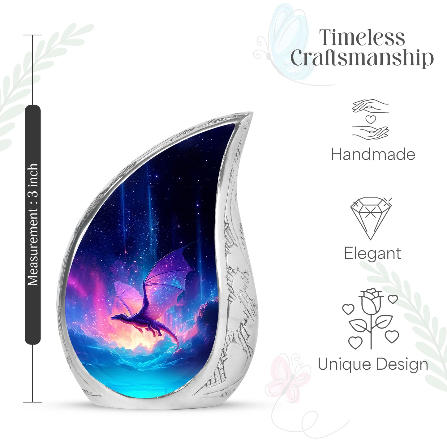 Sapphire Blue Dragon Cremation Urn angled view of lid and engraved motif - smooth teardrop contour featuring dragon art - mini keepsake memorial for portion of cremation ashes