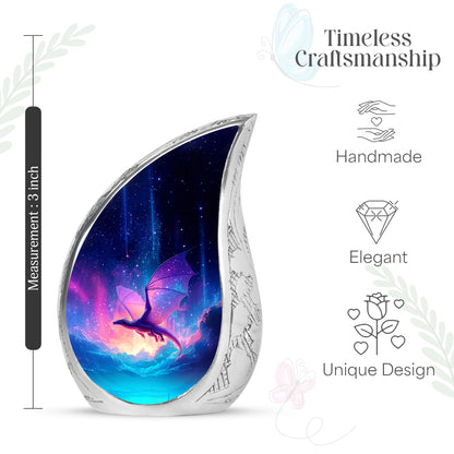 Sapphire Blue Dragon Cremation Urn angled view of lid and engraved motif - smooth teardrop contour featuring dragon art - mini keepsake memorial for portion of cremation ashes