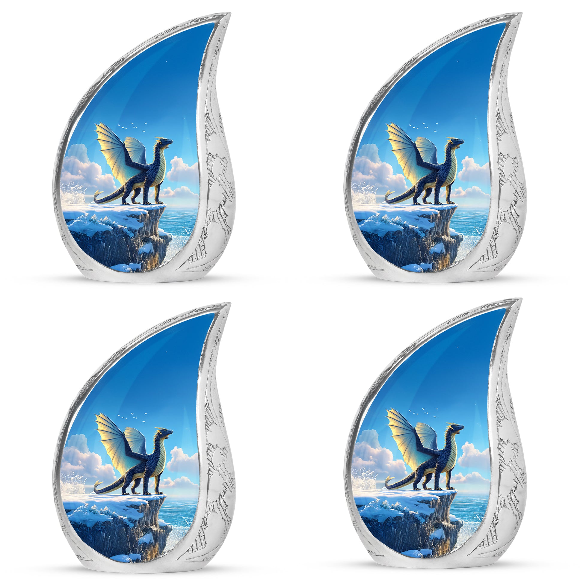 Icy Blue Dragon Cremation Urn close-up of engraving and surface detail - flowing teardrop dragon silhouette on curved aluminum - 10 inch aluminum urn for cremated remains
