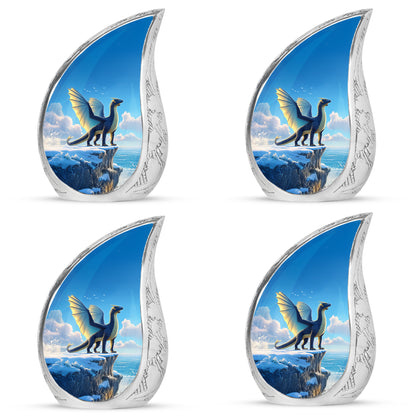 Icy Blue Dragon Cremation Urn close-up of engraving and surface detail - flowing teardrop dragon silhouette on curved aluminum - 10 inch aluminum urn for cremated remains