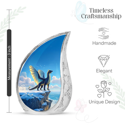 Pastel Blue Dragon Cremation Urn angled view of lid and engraved motif - rounded teardrop dragon design with delicate detail - mini keepsake memorial for portion of cremation ashes