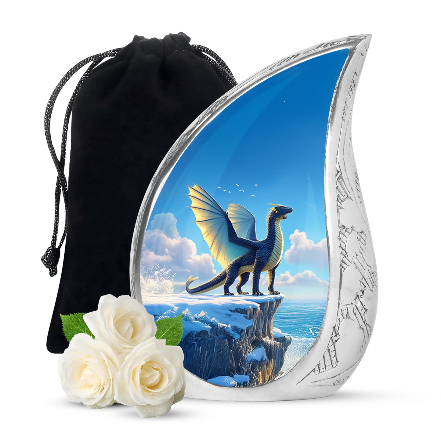 Sapphire Blue Dragon Cremation Urn front view showing detailed design - graceful tear-shaped urn with dragon motif - full-size 10 inch 200 cubic inch adult cremation urn