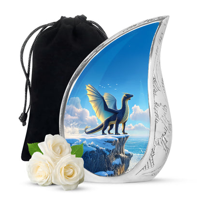 Sapphire Blue Dragon Cremation Urn front view showing detailed design - graceful tear-shaped urn with dragon motif - full-size 10 inch 200 cubic inch adult cremation urn