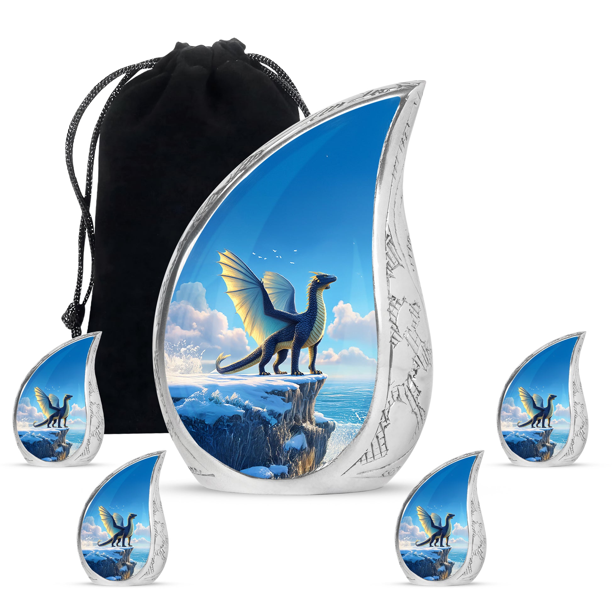 Pastel Blue Dragon Cremation Urn side profile showing urn shape - rounded teardrop dragon design with delicate detail - memorial set with one large and four small urns