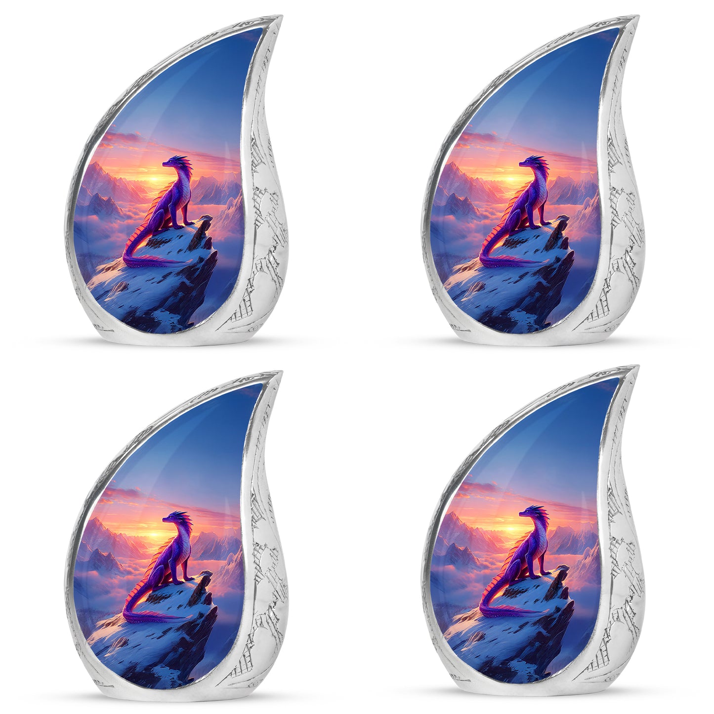 Calming Blue Dragon Cremation Urn close-up of engraving and surface detail - smooth teardrop contour featuring dragon art - 10 inch aluminum urn for cremated remains