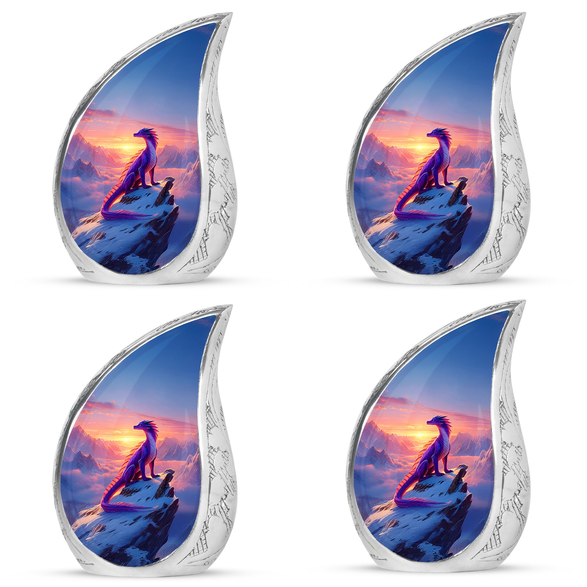 Calming Blue Dragon Cremation Urn close-up of engraving and surface detail - smooth teardrop contour featuring dragon art - 10 inch aluminum urn for cremated remains