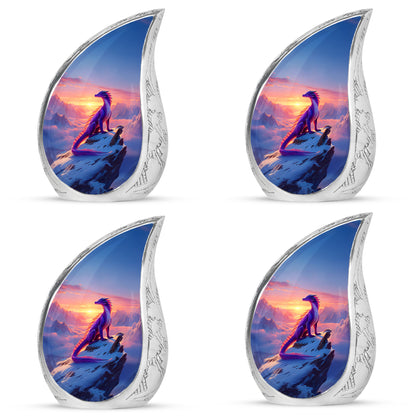 Calming Blue Dragon Cremation Urn close-up of engraving and surface detail - smooth teardrop contour featuring dragon art - 10 inch aluminum urn for cremated remains