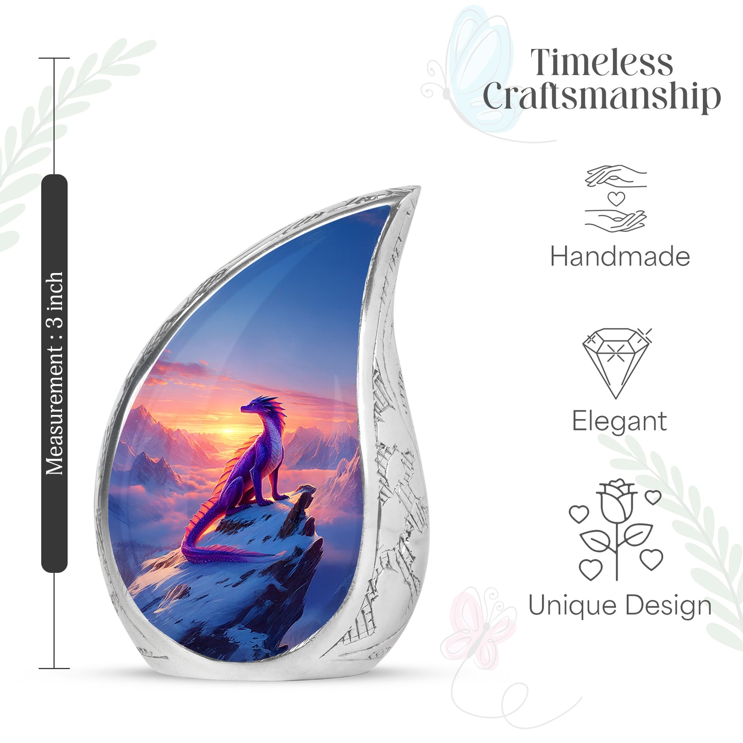 Cornflower Blue Dragon Cremation Urn angled view of lid and engraved motif - graceful tear-shaped urn with dragon motif - mini keepsake memorial for portion of cremation ashes