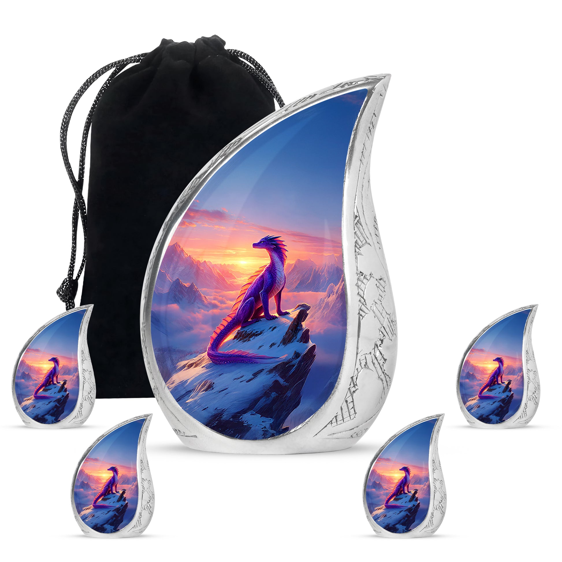 Sapphire Blue Dragon Cremation Urn side profile showing urn shape - smooth teardrop contour featuring dragon art - memorial set with one large and four small urns