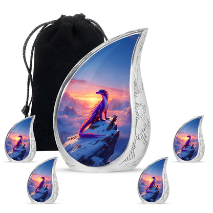 Sapphire Blue Dragon Cremation Urn side profile showing urn shape - smooth teardrop contour featuring dragon art - memorial set with one large and four small urns