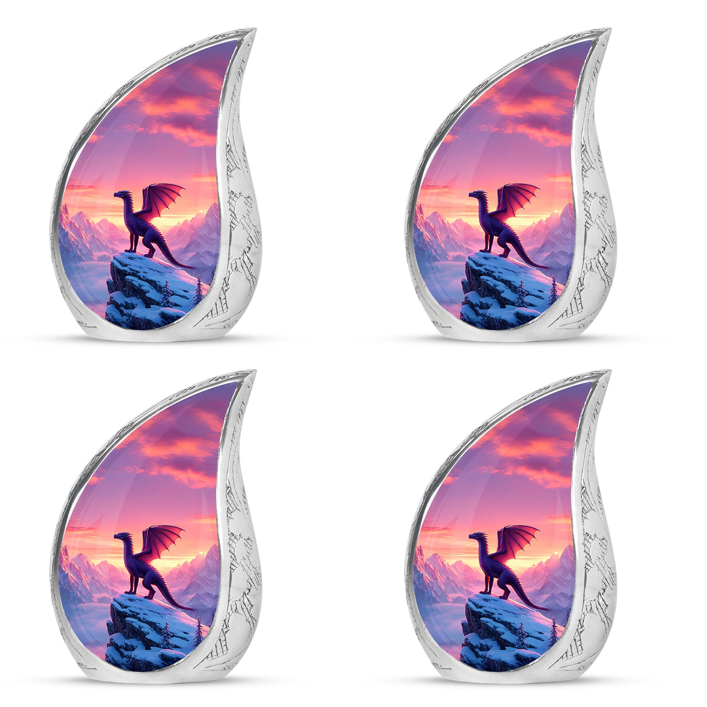 Vintage Pink Dragon Cremation Urn close-up of engraving and surface detail - smooth teardrop contour featuring dragon art - 10 inch aluminum urn for cremated remains