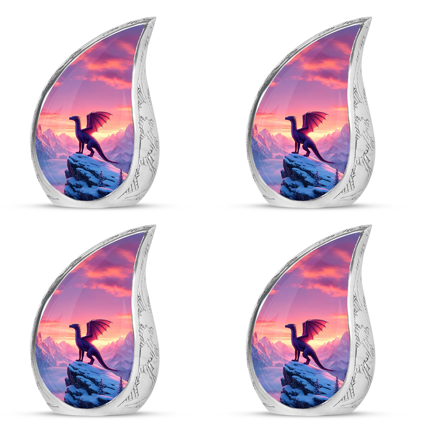 Vintage Pink Dragon Cremation Urn close-up of engraving and surface detail - smooth teardrop contour featuring dragon art - 10 inch aluminum urn for cremated remains
