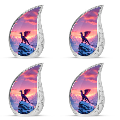 Vintage Pink Dragon Cremation Urn close-up of engraving and surface detail - smooth teardrop contour featuring dragon art - 10 inch aluminum urn for cremated remains