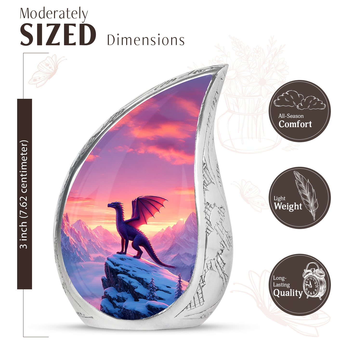 Dusty Pink Dragon Cremation Urn angled view of lid and engraved motif - graceful tear-shaped urn with dragon motif - mini keepsake memorial for portion of cremation ashes