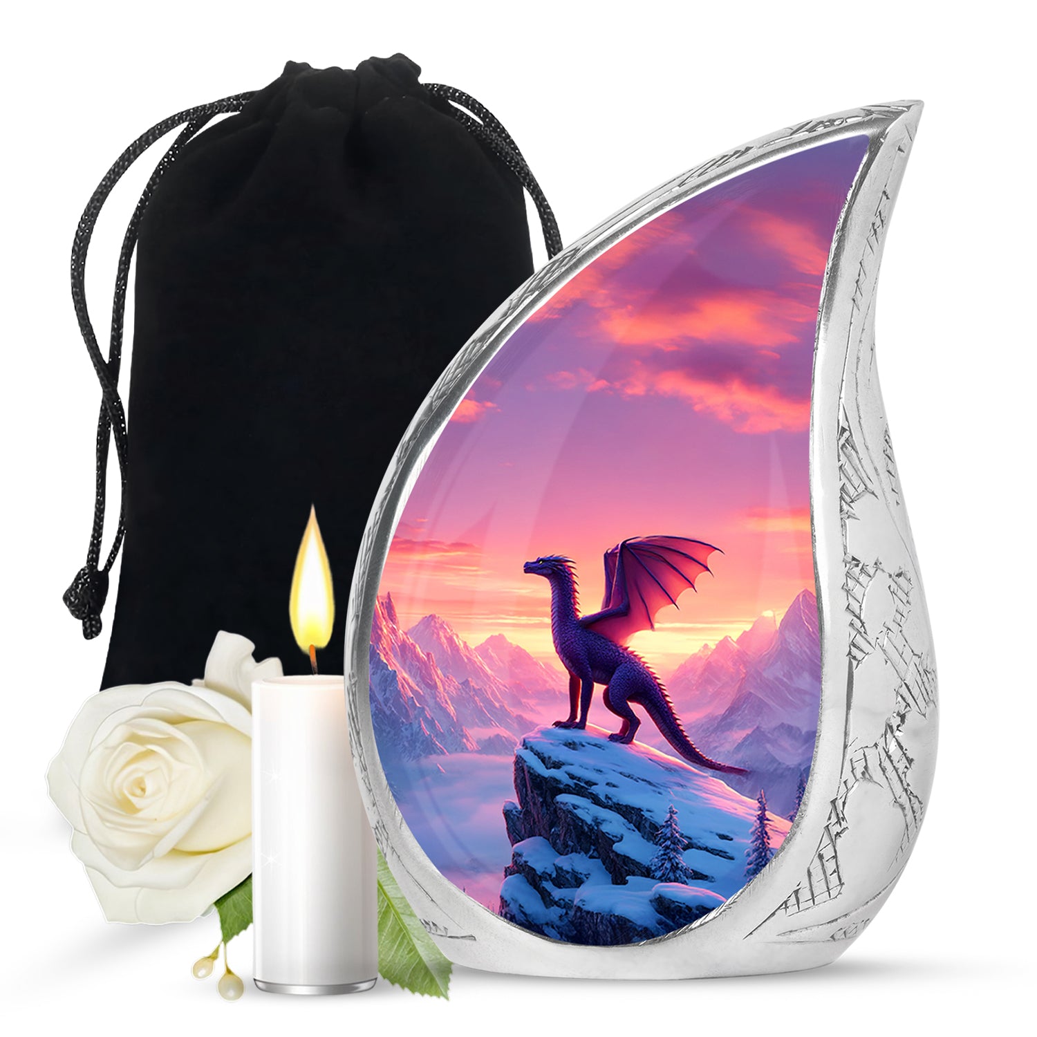 Petal Pink Dragon Cremation Urn front view showing detailed design - graceful tear-shaped urn with dragon motif - full-size 10 inch 200 cubic inch adult cremation urn